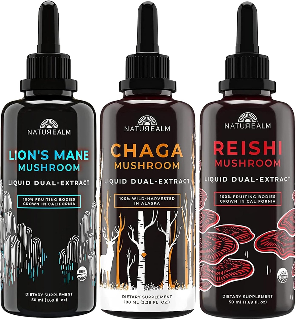 Naturalm Lion's Mane, Reishi, & Chaga Mushroom Extract - Adaptogen Stack for Focus, Immunitet, Lengde, Gut Helse, Anti-Aging, Energi, Healing, & Mer - Organic Liquid Drops - 50 ml Hver (3 Pack)