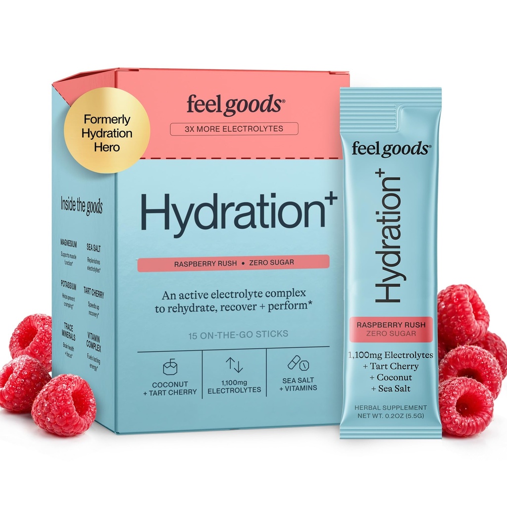 Feel Goods Hydration Hero, 1000mg Electrolytes pulver, sukkerfri, magnesium, organisk aloe Vera, L teanin, vitamin C & B12, keto, vegansk, elektrolyte pakker, blå bringebær, 15 greve
