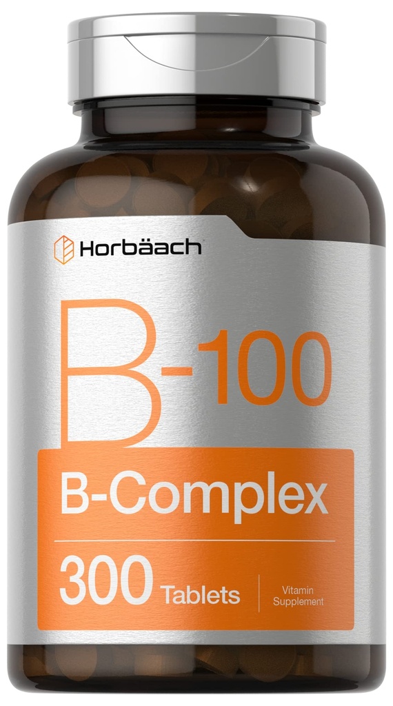 Horbäach Vitamin B-100 Kompleks | 100% av daglig verdi | 300 tabletter | Vegetarisk, ikke-GMO, og Glutenfri Supplement