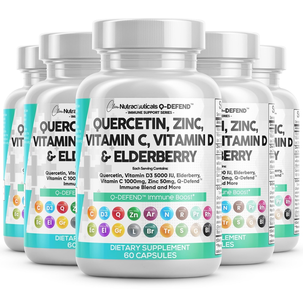 Clean Nutraceuticals Quercetin Zinc Vitamin C-vitamin D Bromelain Elderberry - Lung Immune Support Supplement voksne med Artemisinin, Sea Moss, Echinacea, Allergy Relief (60 Count (Pack of 5))