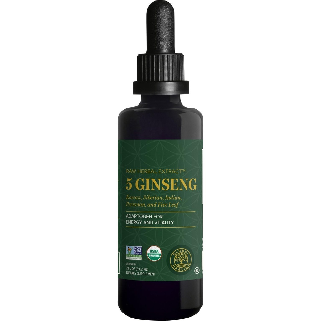 Global Healing Center - Ginseng - Organic Raw Herbal Extract - flytende Panax Supplement Drop fremmer energi - koreansk og sibirsk Ginseng Supplement, Maca, Ashwagandha - ikke-GMO - 2 Fl Oz
