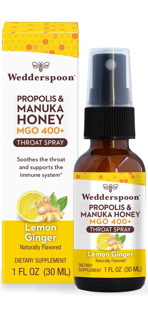 Wedderspoon Propolis og Manuka Honning Throat Spray, sitron & Ginger, 1 Fl Oz (pakke med 1), Sore Throat Relief, Natural Immune Support