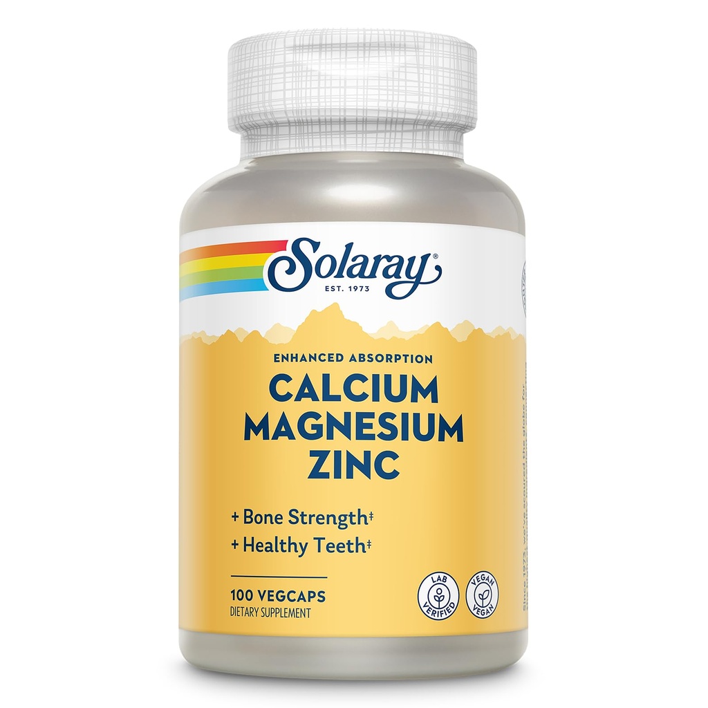 SOLARAY Kalsium Magnesium Sink Supplement - med kalsium 1000 mg, Magnesium 500mg - Bein Helse, Muskelfunksjon, hjerte helse og immun støtte - Vegan, 60 dagers garanti, 25 Services, 100 Vegkaps
