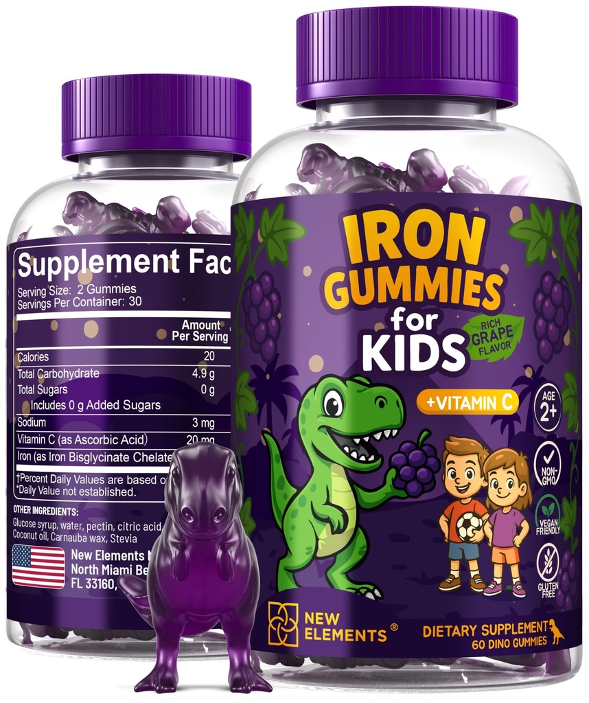 Jern Dinosaur Gummier for barn med vitamin C | Sukkerfri, Vegan, Glutenfri og ikke-GMO | Anemi Relief, Energi og blod helse støtte | Grape Flavor, Pektin-basert for optimal helse