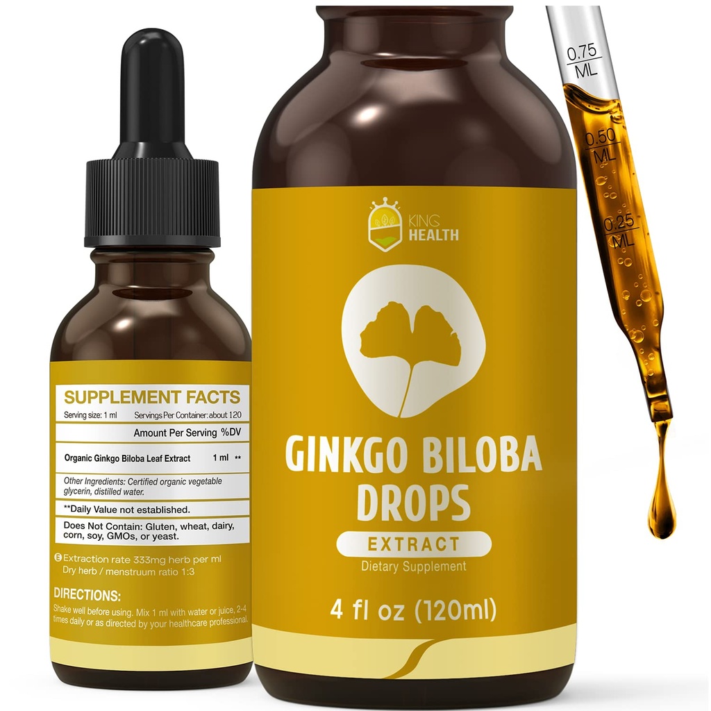 Organic Ginkgo Biloba ekstrakt flytende kosttilskudd, hjerne og fokus støtte, 98% absorpsjon, vegansk, ikke-GMO, alkohol & glutenfri - 4 Fl Oz
