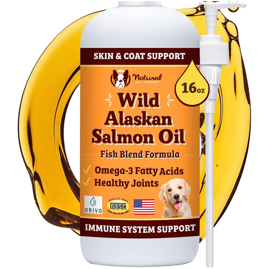 Naturlig Dog Company Wild Alaskan Salmon Oil Formula med Omega 3, Fish Oil for Hunde Supplement, Hud & Coat Hundeolje, Kylling Relief, Immunstøtte for Joints & Heart, Mat Topper, 16 oz.