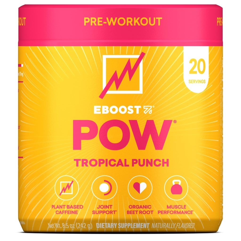 EBOOST POW Natural Pre Workout pulver – 20 serveringer - Tropical Punch - Et pre trening supplement for ytelse, felles mobilitet støtte, energi, fokus - menn og kvinner - ikke-GMO, Glutenfri, Ingen kreatin