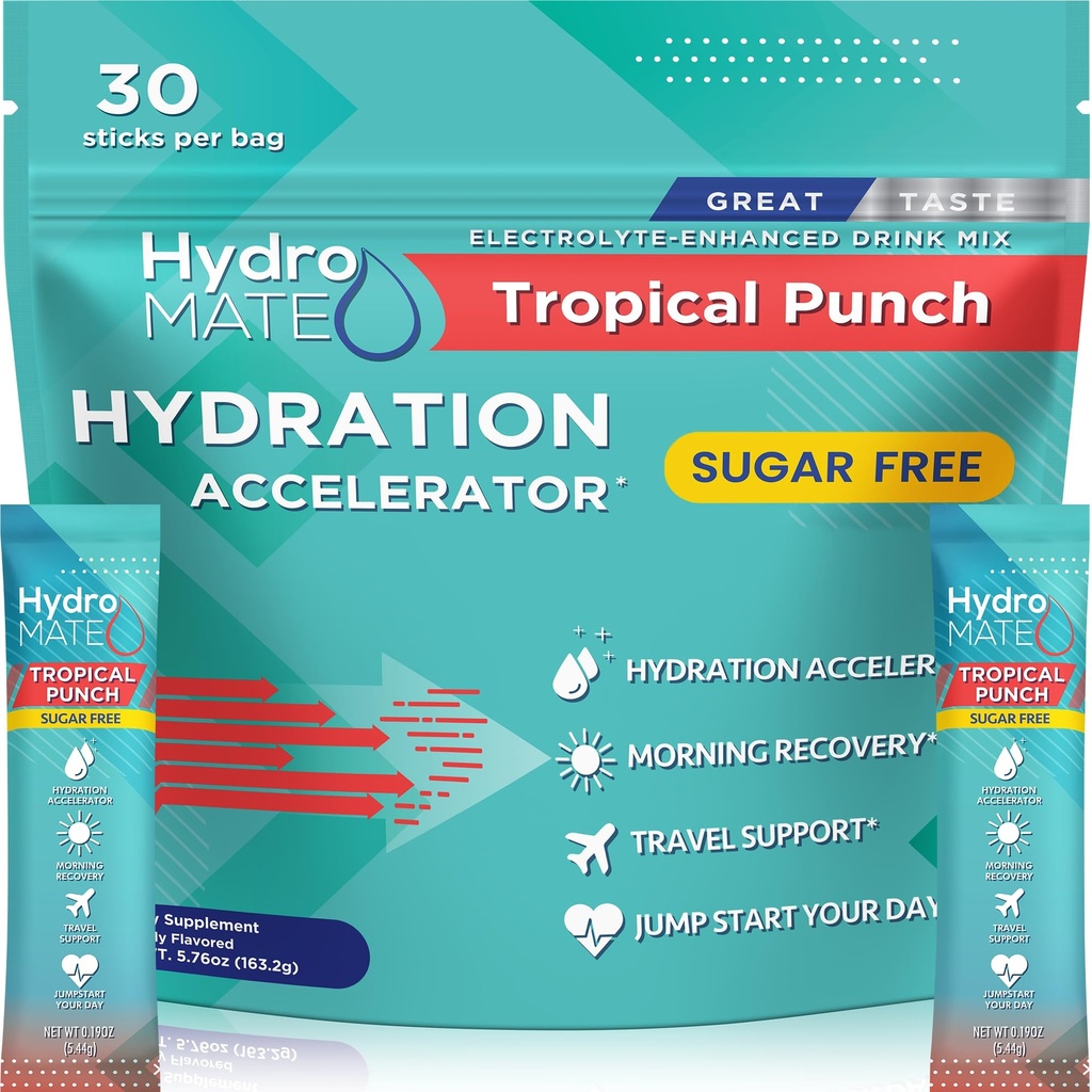 Electrolyte pulver sukker-fri hydrasjon pakker Tropical Punch HydroMATE 30 Sticks