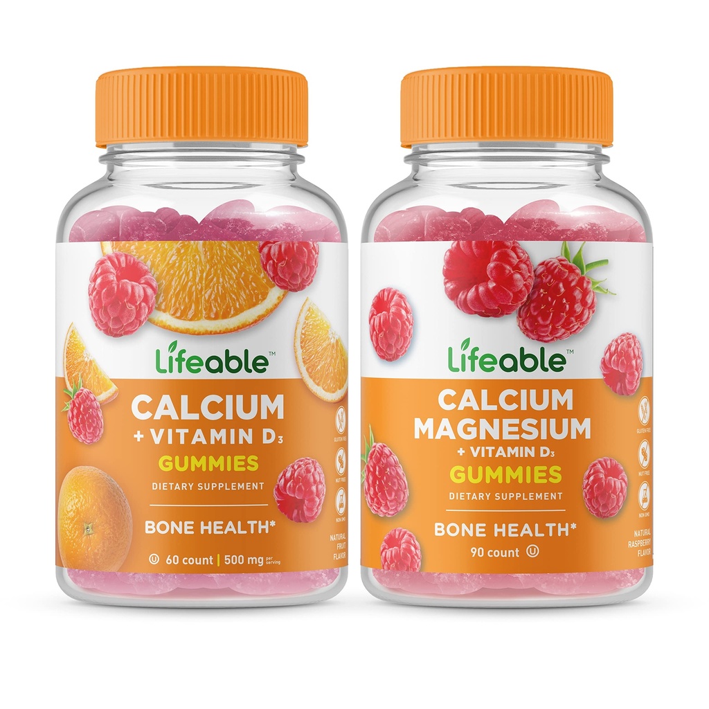 Livbart kalsium med vitamin D + kalsium Magnesium, Gummies Bundle - Great Tasting, vitamin Supplement, Glutenfri, GMO Gratis, Chewable