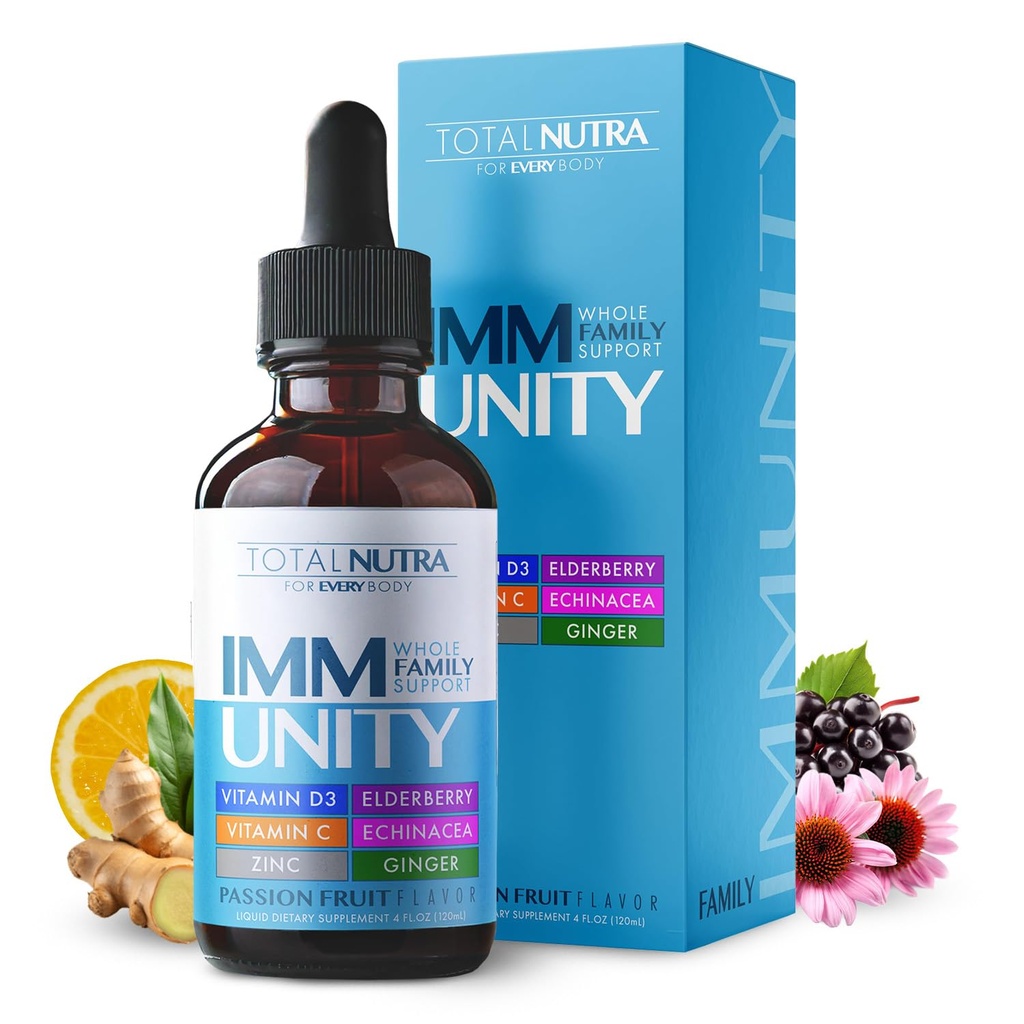 Total immunologisk 6-i-1 flytende Multivitamin Supplement ® 100% daglig sink, vitamin D3, vitamin C immunitet faller vitamin flytende ® eldrebær, Echinacea, Ginger støtte for voksne og barn ® 4 oz lidenskap frukt