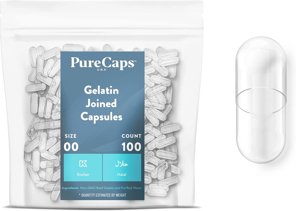 PureCaps USA - Tomme Gelatin Capsules Size 00 enhver 100 Sammenslåtte Pills ® Clear® Ikke-GMO Certified® SLS, Gluten, Preservativ Gratis