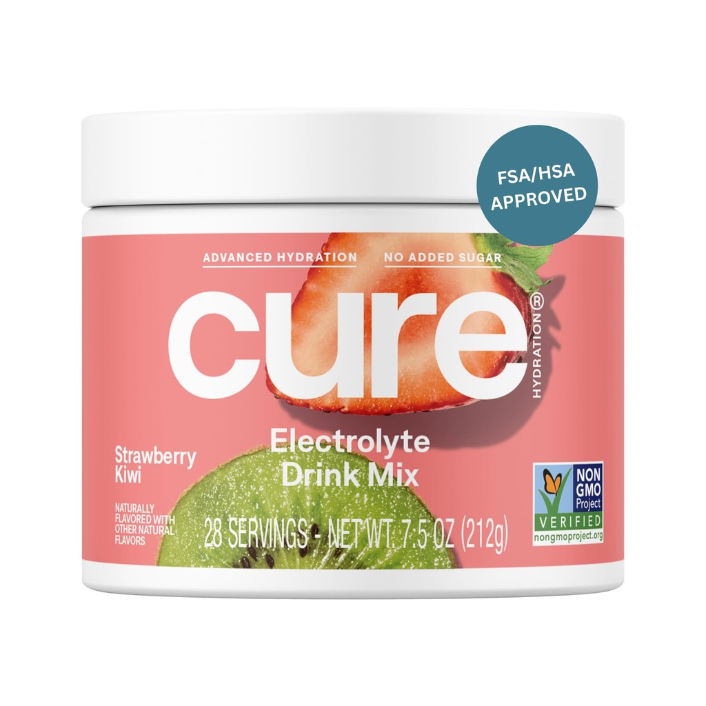 Cure Hydration | Plantebaserte Electrolyte Drink Mix | Ingen tilsatt sukker | FSA-HSA | Dehydrering Relief pulver laget med kokosvann | Ikke-GMO | Vegansk | 28 Serveringer Jar - Jordbær Kiwi