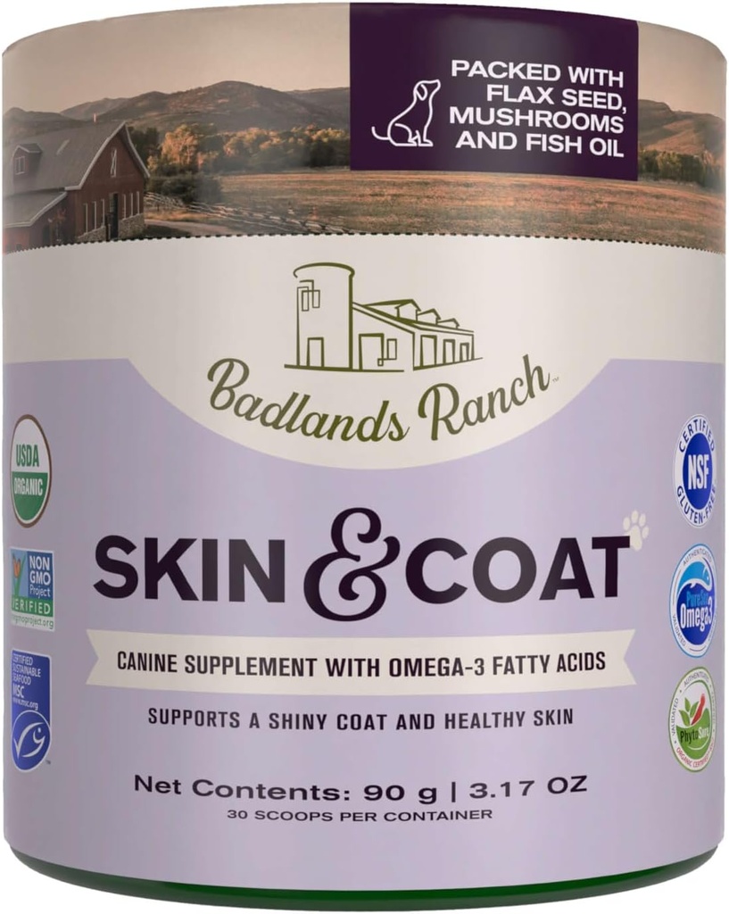 Badlands Ranch - Hud & Coat Canine Supplement m/Omega-3 Fatty Acids, Org. Ingredienser, Antioksidant Topper, Nourish Coat & Paws, Joint, Støtte Shiny Coat & Sunn Skin av Katherine Heigl (30 Scoops)