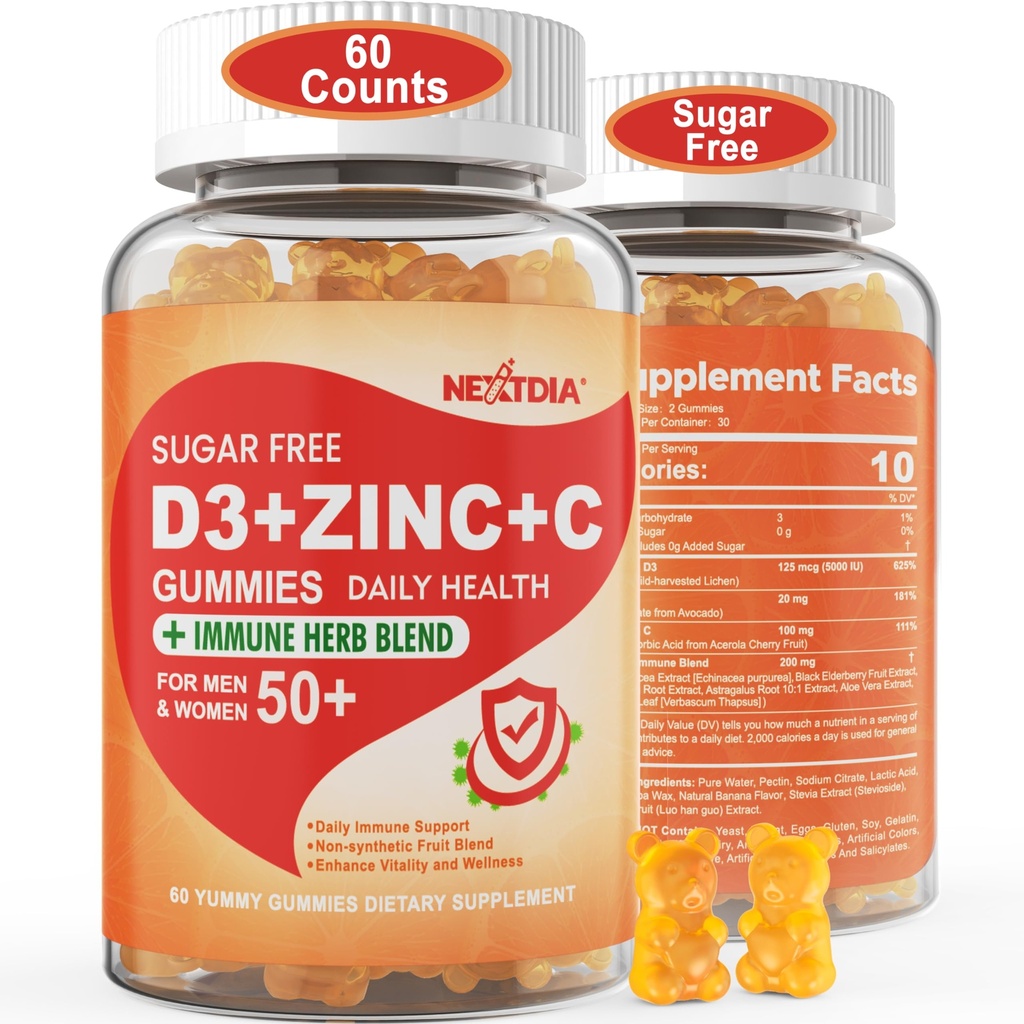 Sukkerfri vitamin C + D3 + sink Gummies for voksne 50 +, 9 i 1 immunforsvarstilskudd med D3 5000IU, eldrebær, Echinacea, Mullein Leaf for å øke immuniteten, kraftantioksidant, Vegan (pakke av 1)