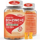 Sukkerfri vitamin C + D3 + sink Gummies for voksne 50 +, 9 i 1 immunforsvarstilskudd med D3 5000IU, eldrebær, Echinacea, Mullein Leaf for å øke immuniteten, kraftantioksidant, Vegan (pakke av 1)