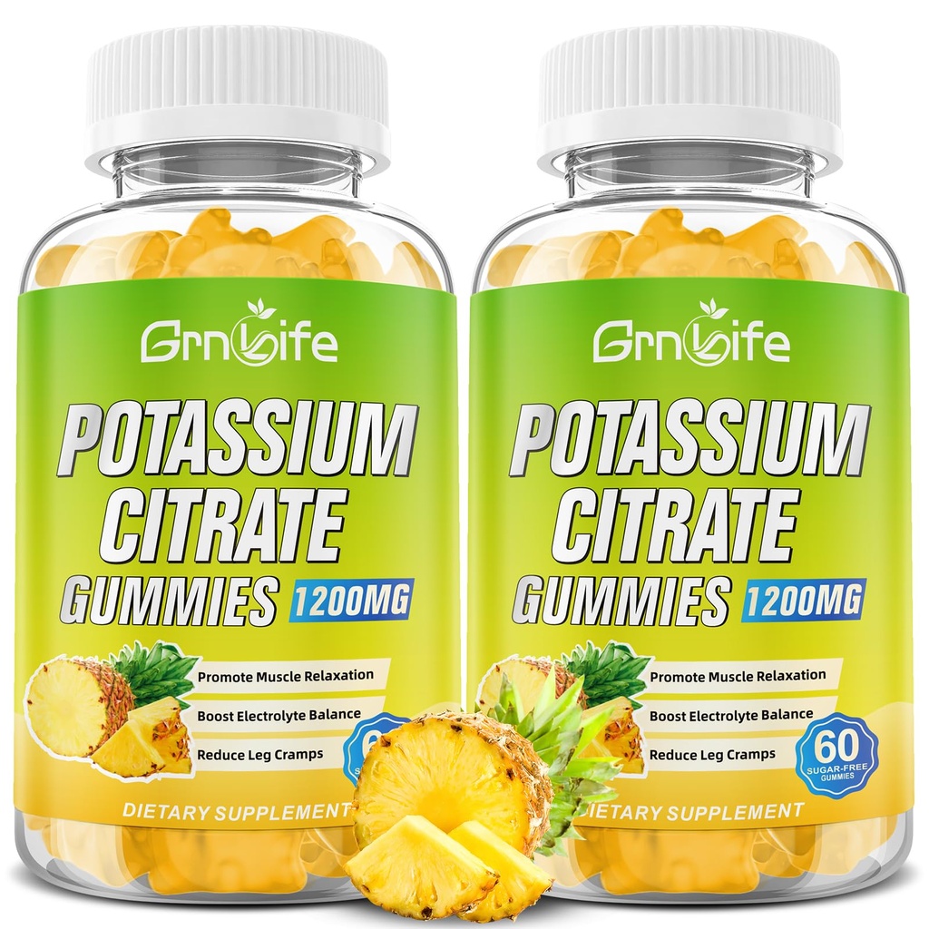 Kalium Citrate Gummies, høy Kalium Supplement Gummies 1200mg Støtte Ben Cramps & Muskel Helse, for voksne og barn, Vegan, Pineapple Flavor 120 Count