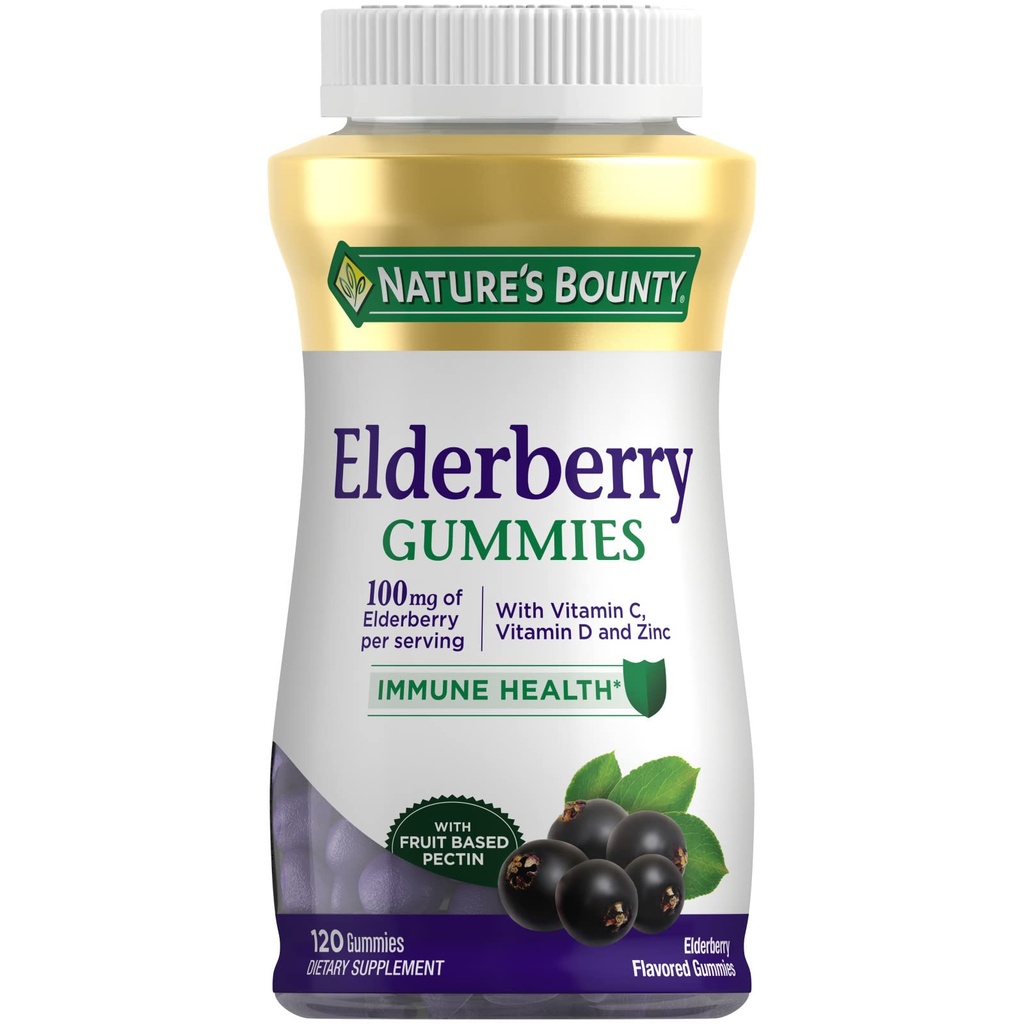 Naturens Bounty Elderberry Gummies, Diett Supplement, støtter immunhelse, Inneholder vitamin A, C, D, E og Zinc, 100 mg, 120 Gummies