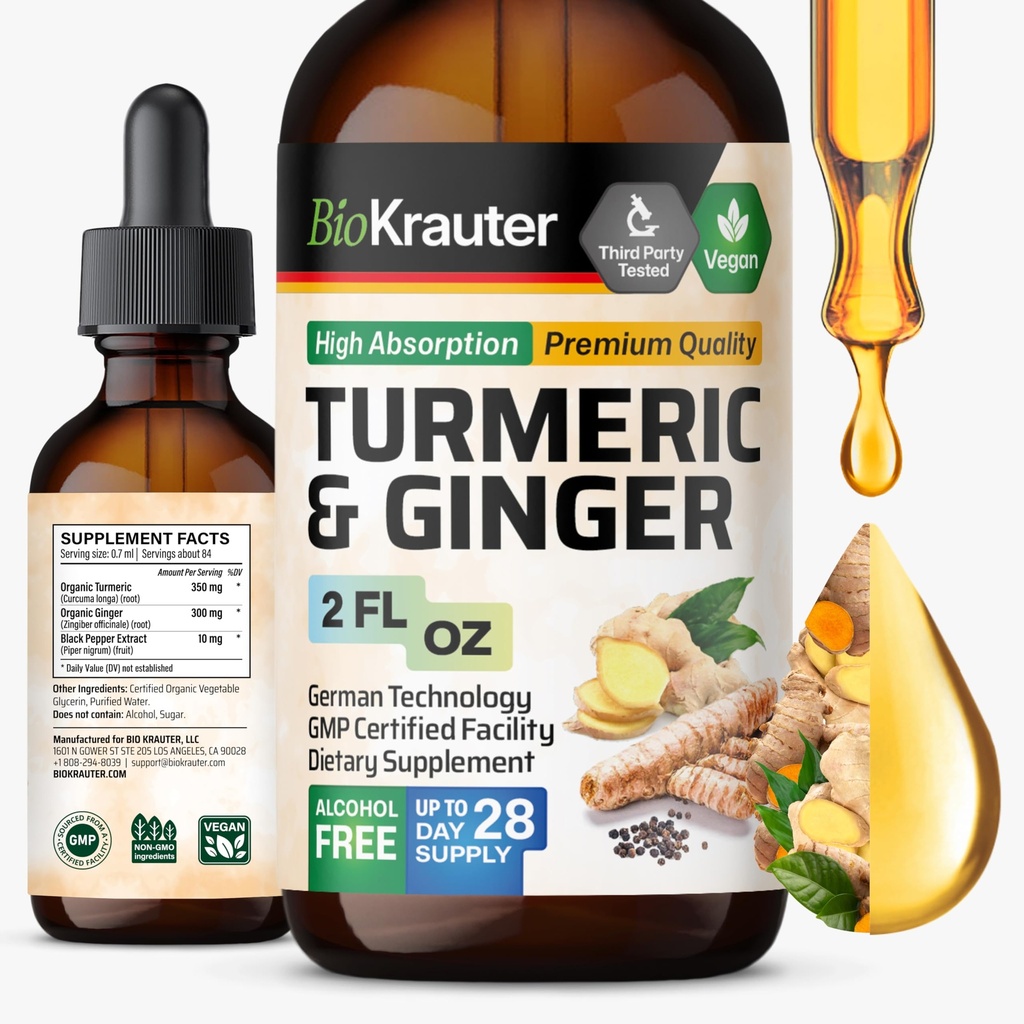 BIO KRAUTER Turmeric og Ginger Supplement Tinktur - Turmeric Curcumin Immune Support Drops - Ginger Extract med svart pepper - Vegansk formel - 2 Fl.Oz.