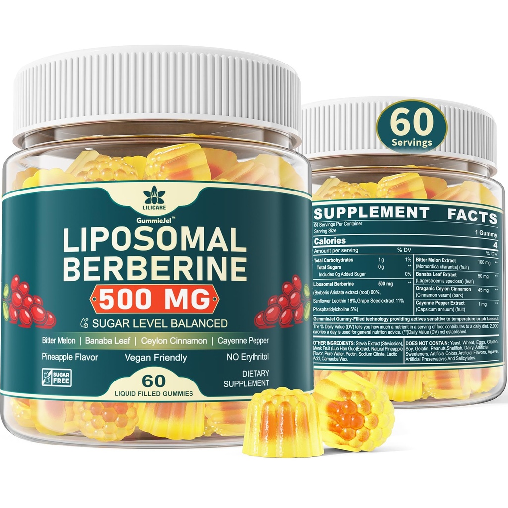 Berberine 500mg Supplement, En gang daglig, Liposomal Gummies med Ceylon Cinnamon, Bitter Melon, Banaba Leaf for metabolisme balansert, AMPK aktivator, høy absorpsjon, sukkerfri, vegansk, 60 Cts