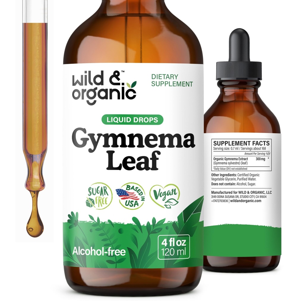 Wild & Organic Gymnema Sylvestre Extract Dråper - Sukkerfri Gymnema Sylvestre Kosttilskudd - Gurmar pulver Basert Tinktur - Vegan, alkoholfri blad flytende dråper - 4 oz