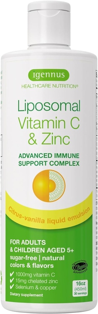 Høy absorpsjon Liposomal vitamin C 1000mg og sink bisglykinat, 30-90 servering, flytende immun støtte for voksne og barn 5+, ikke-GMO, sukkerfri, Citrus & Vanilla Flavor, av Igennus