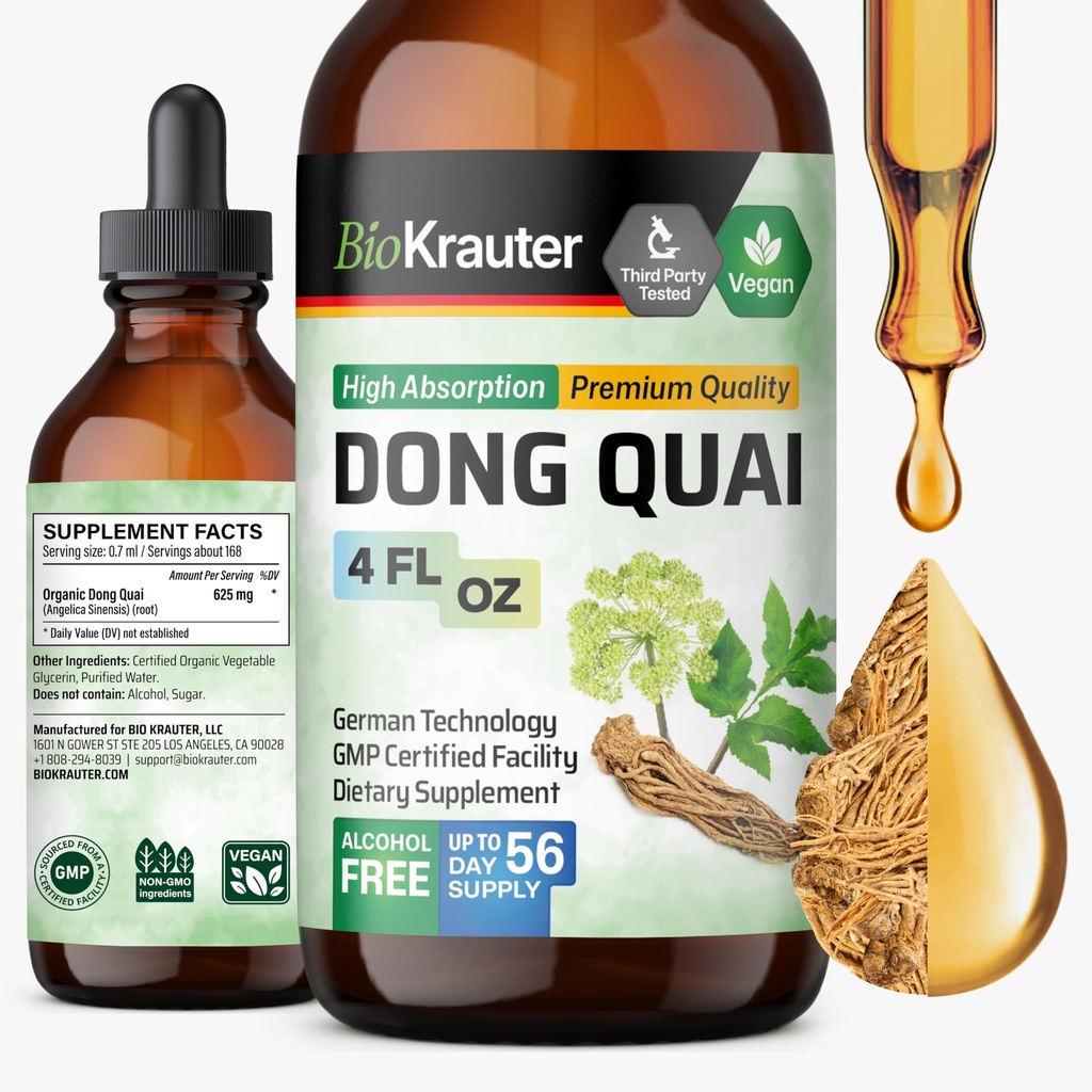 BIO KRAUTER® Menopause Supplements for kvinner* - Dong Quai Drops 4 Fl.Oz 56 dagers forsyning - Vegansk Angelica Root Tinktur for Menopause Support - alkohol og sukker Gratis - avslapping og kvinners velvære
