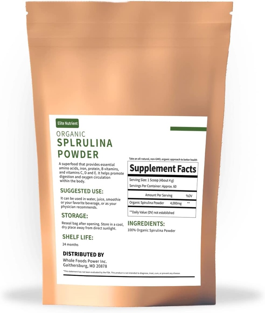 Organisk Spirulina pulver, ikke-GMO, USDA-sertifisert, En Supermat med høy protein, Økt energi, Forbedring immunitet, Individuell pakke