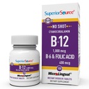 Superior Source No Shot Vitamin B-12 Cyanocobalamin 1000 mcg, B-6, Folinsyre 400 mcg - støtte hjerne og hjerte helse - hjelpemidler naturlige energinivåer - 100 sublingual oppløsning tabletter