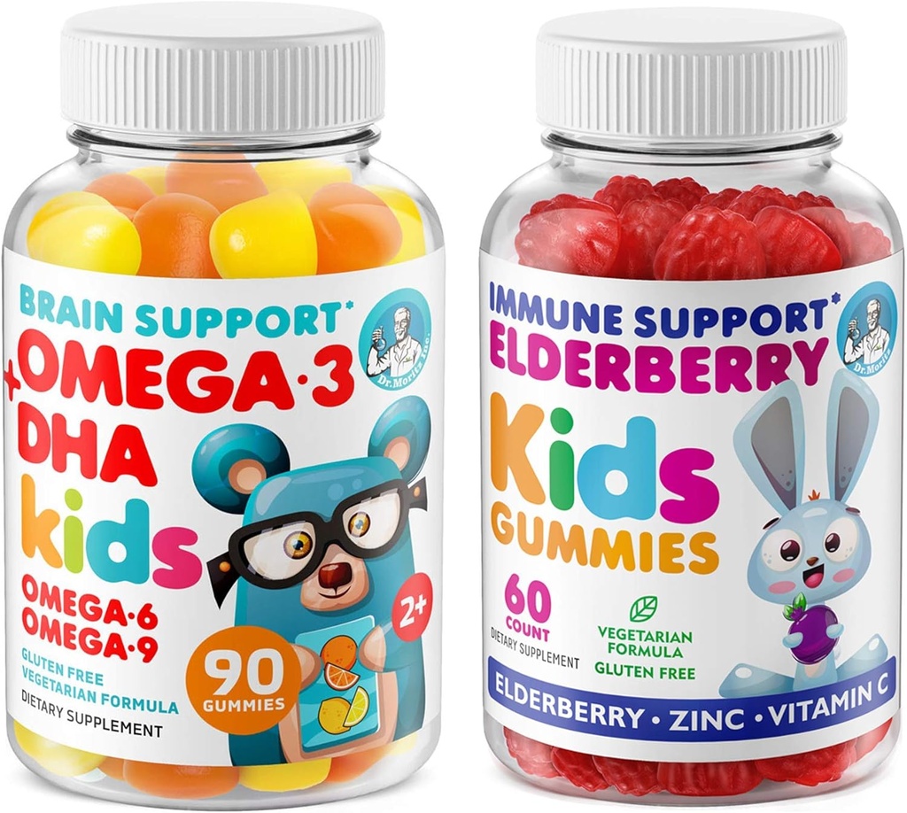 DR. MORITZ Cardio & Immune Boost Duo - Omega 3 Gummies (90 greve) med eldrebær gummier for barn (60 greve)