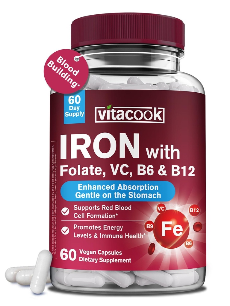 Iron Supplement for kvinner og menn, jern bisglykinat med vitamin C, B6, B12, Folat, magevennlig, ikke-forsterkende, blod helse og energi Boost, 60 Vegan Caps