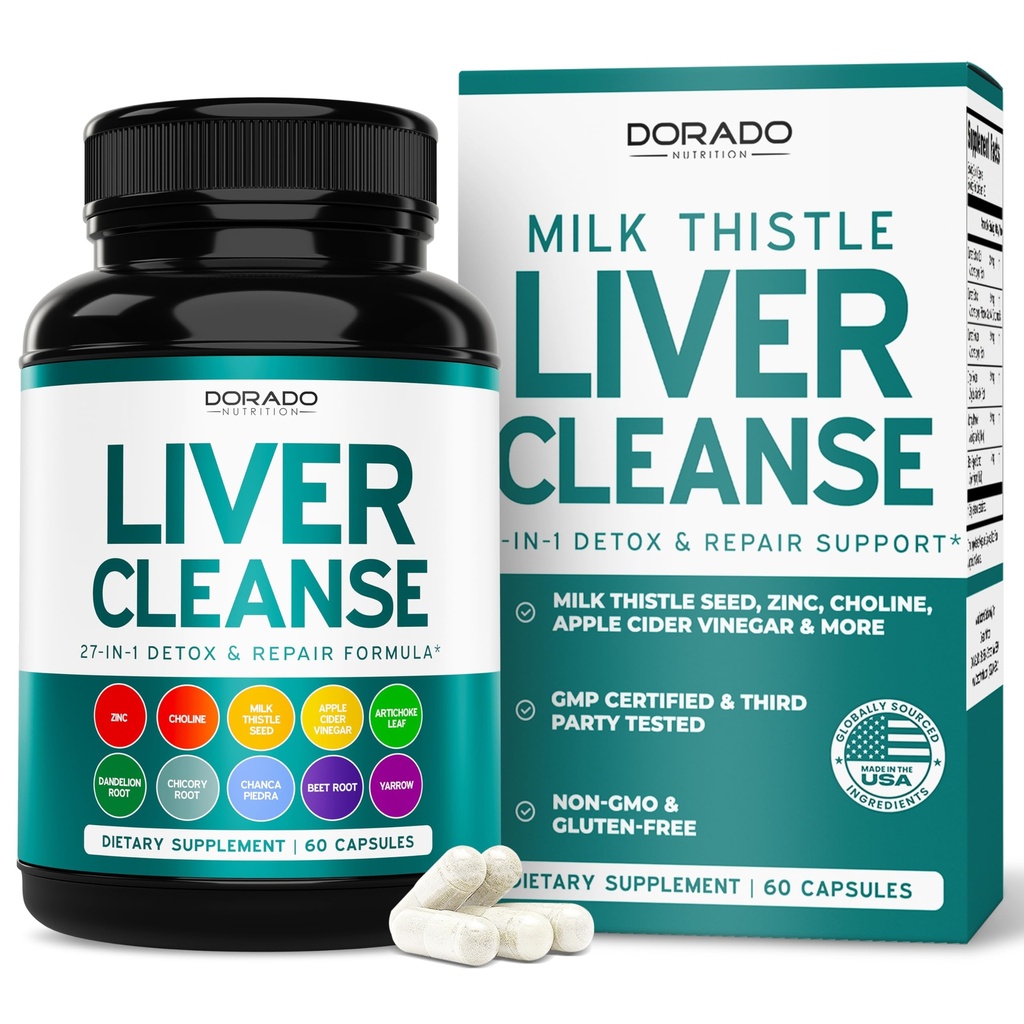 Liver Cleanse Detox & Reparasjon 27 i 1 Formula - Melk Thistle, Dandelion Root, Turmeric, Artichoke Extract og mer - Liver Detox Support Supplement - 3rd Party Testet, Vegansk trygt og USA laget (60 greve)
