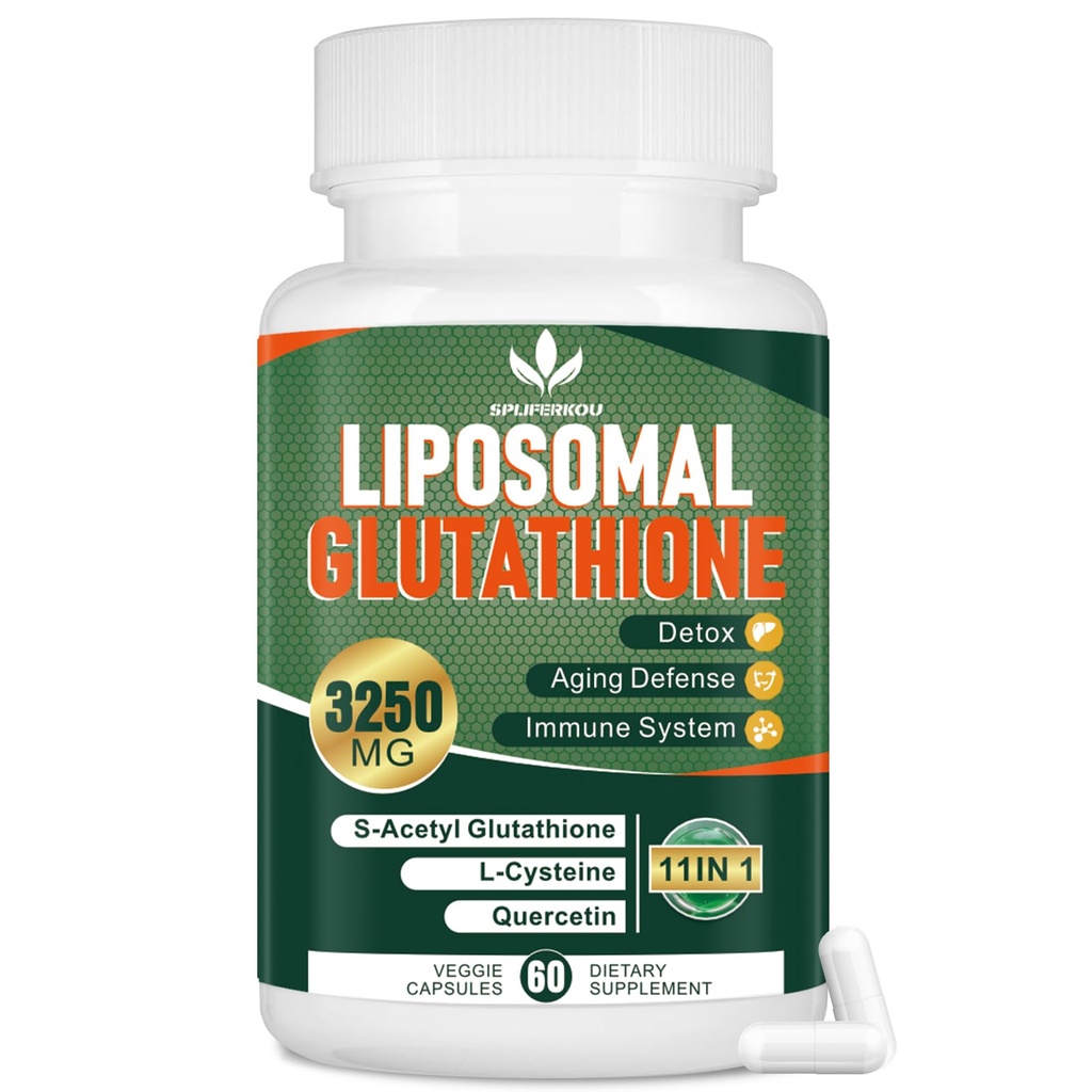 3250 MG Liposomal Glutation Supplement,Redusert L-Glutathion med Resveratrol,Quercetin, Antioksidant Supplement for immunsystem, Glutenfri og ikke-GMO, 60 kapsler