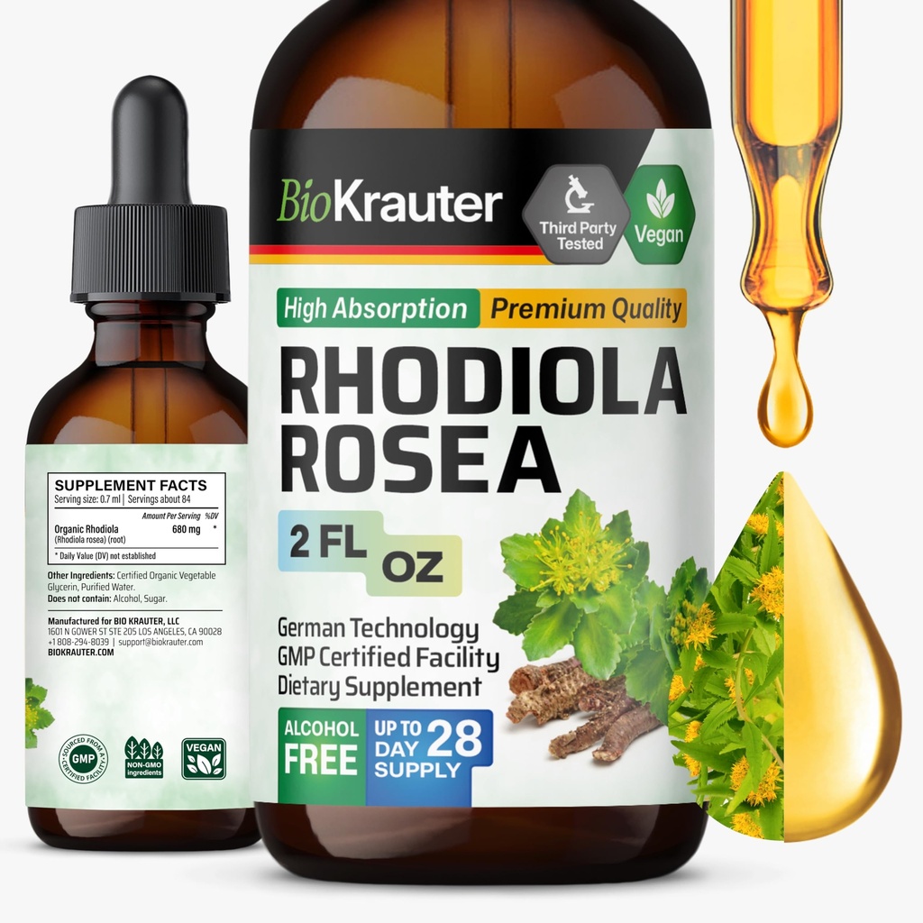 BIO KRAUTER Rhodiola Rosea Supplement væske - ren Rhodiola Rosea Tinktur - Vegansk ro støtte - alkohol & sukker gratis ekstrakt 2 fl.Oz.