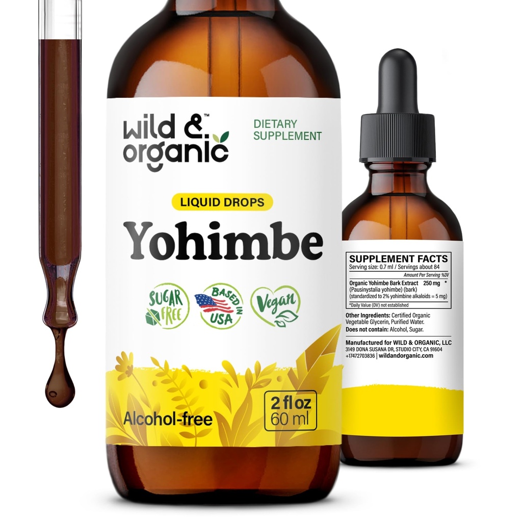 Wild & Organic Yohimbe kosttilskudd for menn og kvinner - 5 mg Yohimbine flytende ekstraksjonsdråper - Pausinystalia Yohimbe Bark Tinktur - Vegansk, alkoholfri - 2 fl oz