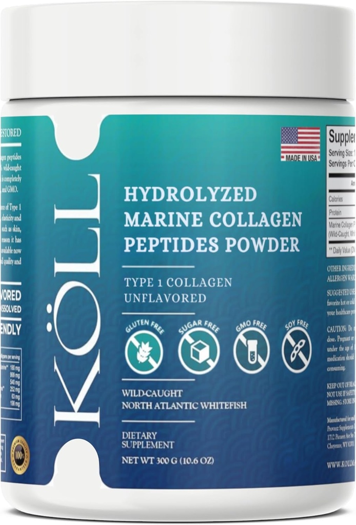 KÖL Marine Collagen Peptider pulver (300g) Uslavored Sukkerfri kollagen for kvinner og menn, 10 000 mg Hydrolysert Supplement, Wild-Caught Sourced, Non-GMO, 0% Preservatives Type 1 for Bone & hud helse