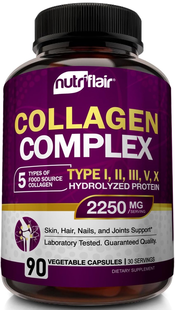NutriFlair Multi Collagen Peptider 2250mg, 90 Kapsler - Type I, II, III, V, X - Collagen Kosttilskudd Komplekse pulverpiller for kvinner og menn - Hydrolysert Protein, Sunt hår, Hud, Nagler - Ikke-GMO