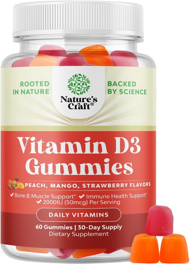 Natures Craft Vitamin D3 Gummies for daglig velvære - Delicious D voksne med 2000IU per servering Bone Muskel & Immune Støtte Non-GMO Gelatin Glutenfri (30 dagers forsyning)