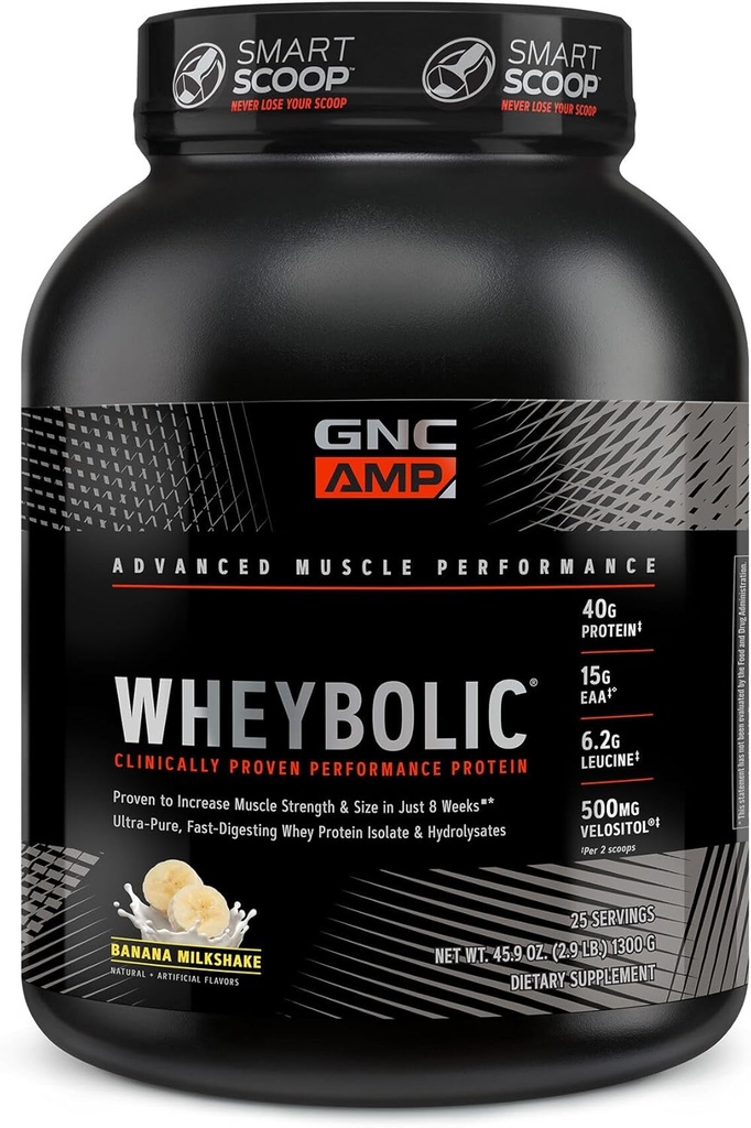GNC AMP Wheybolic klinisk bevist proteinpulver, 40g Whey Protein, BCAA, Leucine, øker muskelstyrke, muskelbygging, 3. part testet, Glutenfri, Banana Milkshake, 25 serveringer