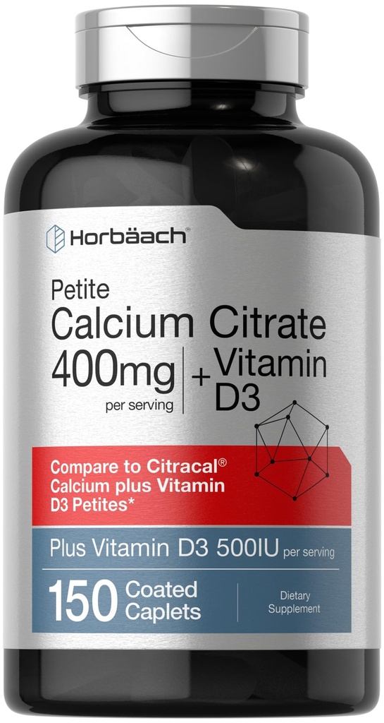Horbäach Kalsium Citrat med vitamin D3 | 150 Petite Coated Caplets | Supplement for menn og kvinner | Vegetarisk, ikke-GMO & Glutenfri
