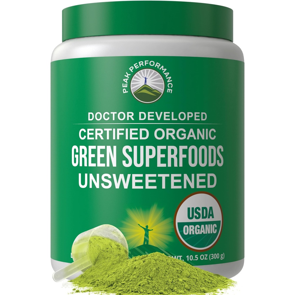 Peak Performance Unsweeted Organic Greens Superfood Powder. Super Greens pulver med 25+ organiske ingredienser for maksimal energi og atletisk ytelse. Vegan keto grønn juice daglig drikk