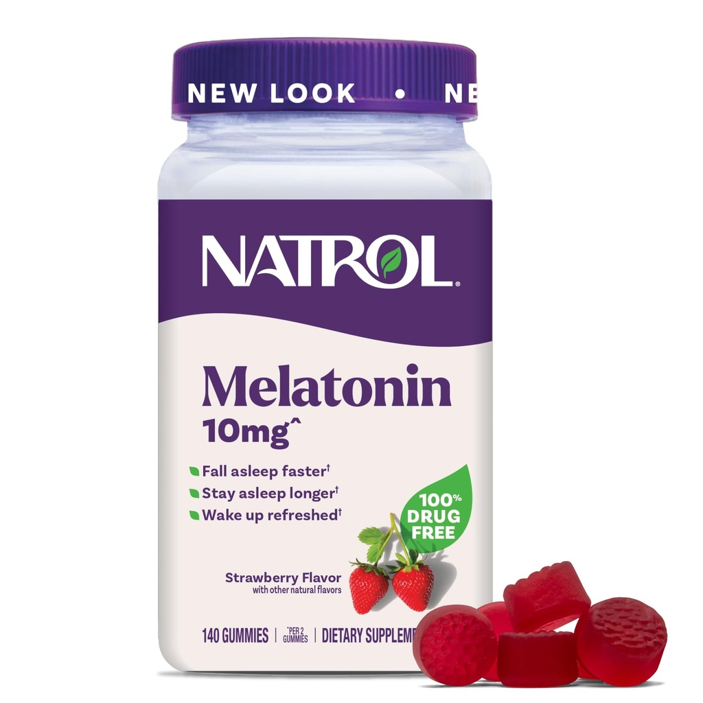 Natrol Melatonin Gummies, søvnstøtte for voksne, Melatonin 10 mg, 140 Strawberry-Flavored, opp til 70 dager