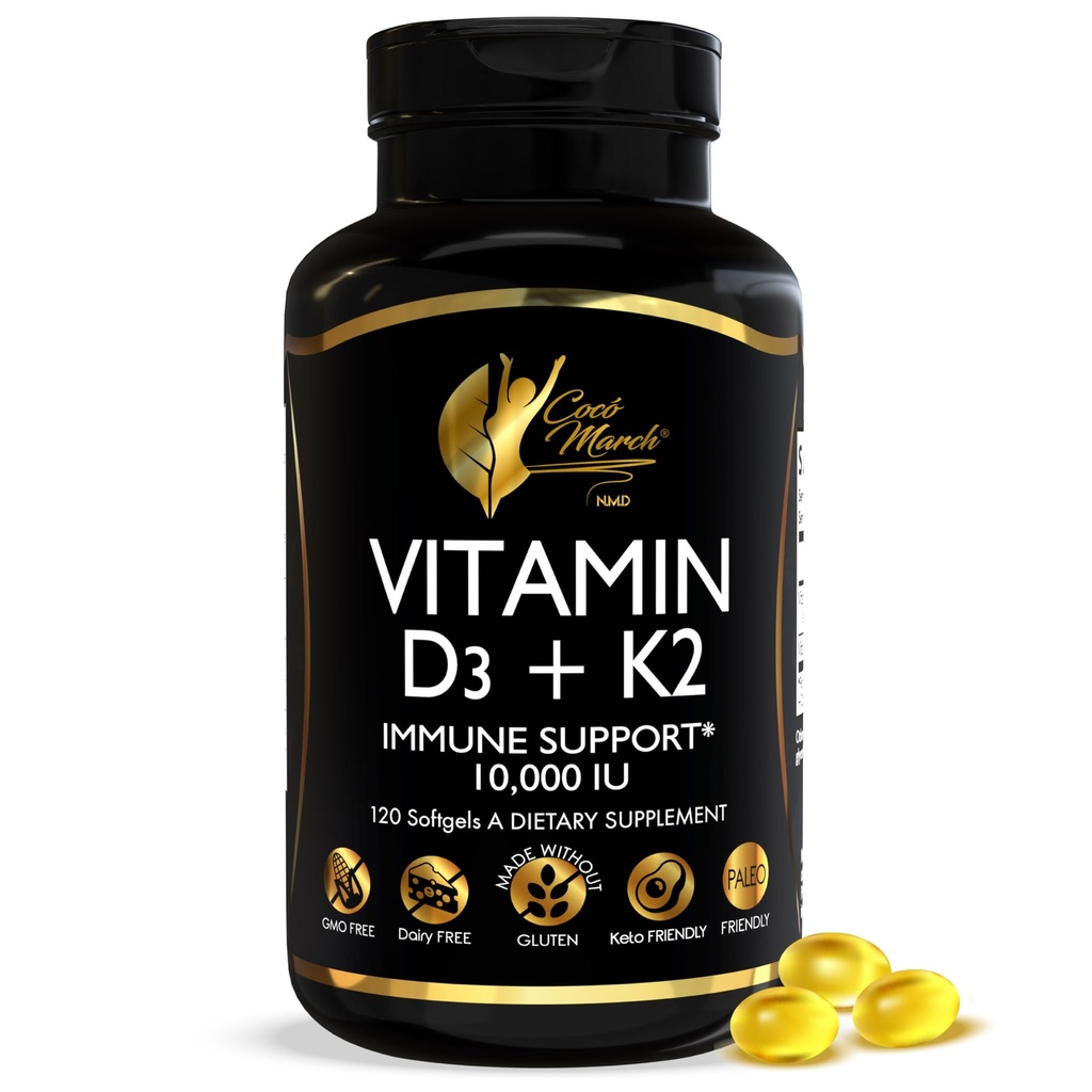 Cocó March N.M.D-vitamin D3+K2 10.000 IU - høy styrke Supplement for kvinner og menn, immunstøtte, Bein og felles helse - Glutenfri, ikke-GMO, 4 måneders forsyning, 250 mcg D3, 180 mcg vitamin K2