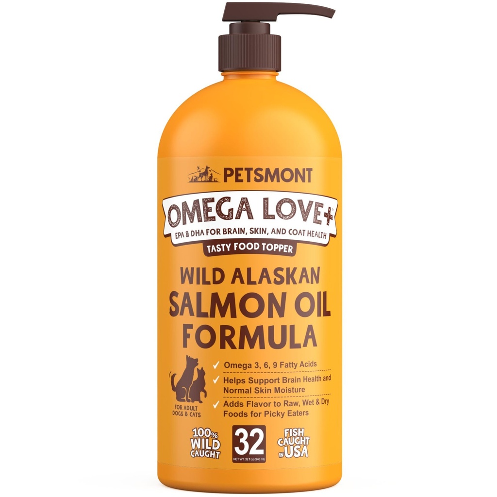 Petsmont Omega kjærlighet + Wild Alaskan lakseolje for hunder formel 32 oz - Fish Omega flytende pumpe katter støtter felles funksjon immun hjerte helse kosttilskudd Kjæledyr naturlige EPA DHA fettsyrer
