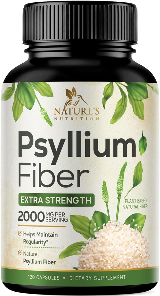 Psyllium Husk Powder Capsules 2000mg, Naturlig Daglig Oppløselig & Uløselig Fiber Piller, Psyllium Husk Fiber Supplement Støtter Digestion Colon Helse & Regelmessighet, Plant Basert Supplement - 120 Kapsler