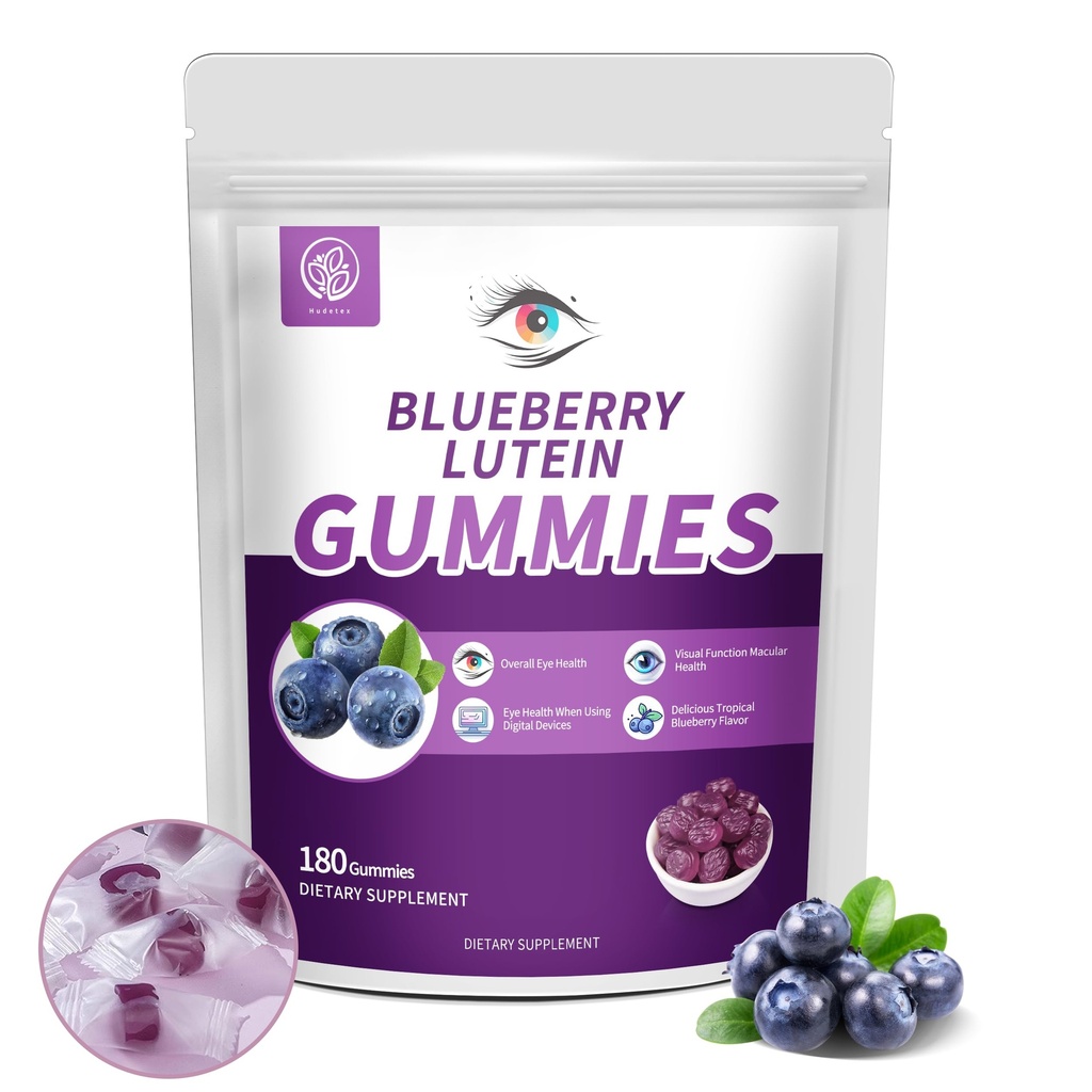 Blåbærlutein Øyevitaminer Gummier med 180 greve - 3 måneders forsyning, Vegan Eye Health Supplement for barn og voksen, lutein gummier for visjon klarhet og blå lys støtte