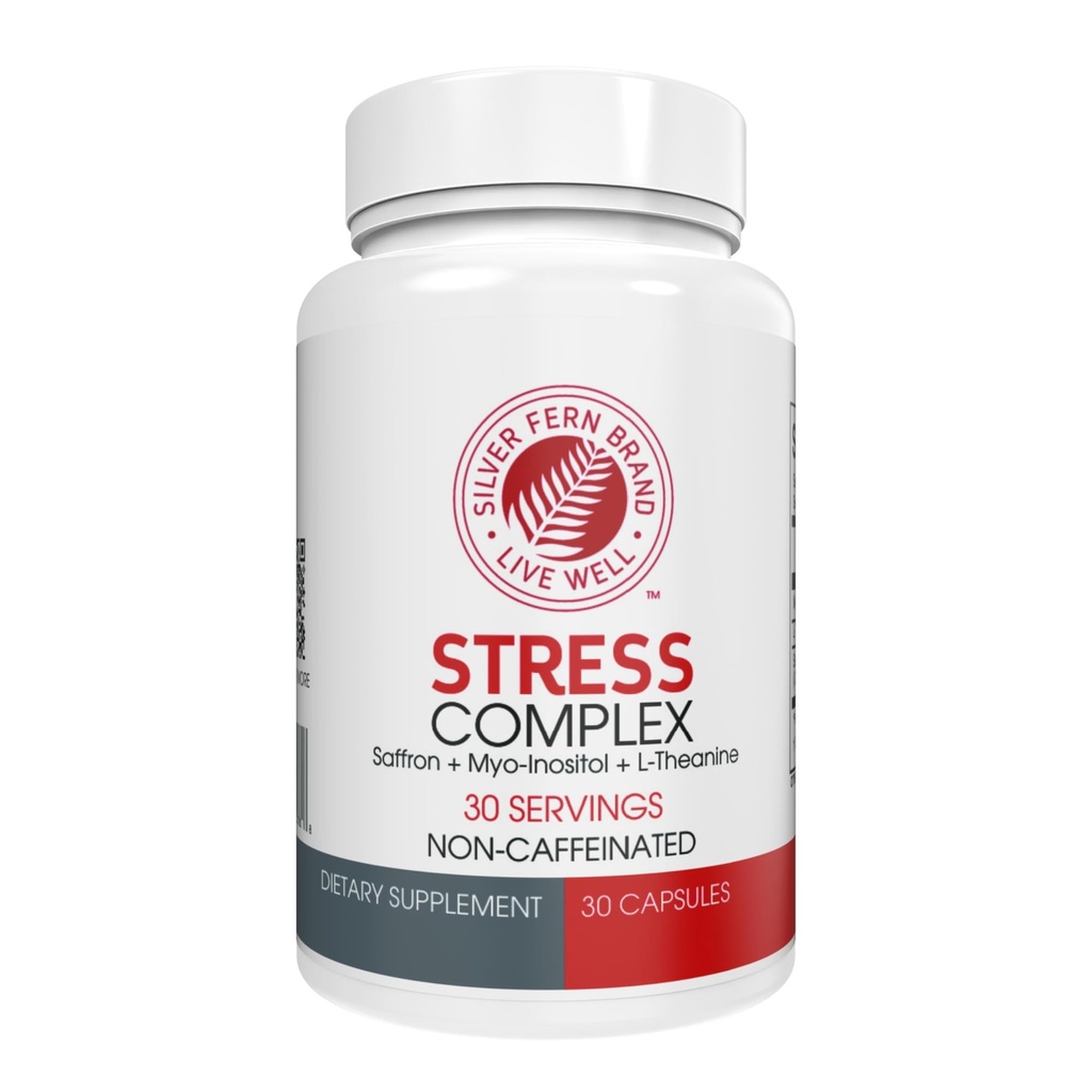 Silver Fern Stress Complex Supplement - uten kaffe - søvn, bekymring, humør og mer - med Saffron Supplements, L-Theanine Supplement, & Myo-inositol - Naturlig stress relief Supplement (pakke med 1)
