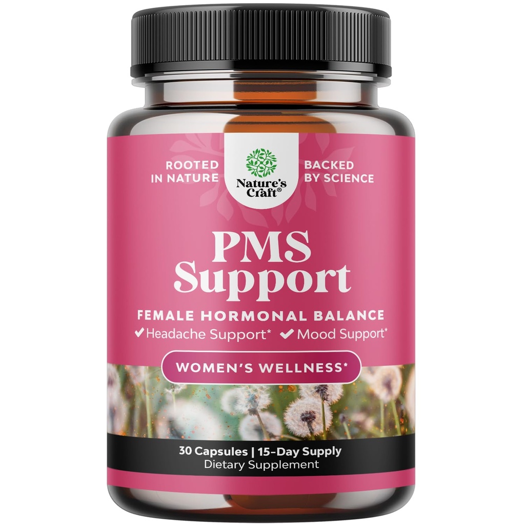 PMS støttetilskudd for kvinner – hormonbalanse for kvinner og menstruell ease med DIM, Chasteberry, svart cohosh & Ashwagandha - for perioden Cramps Ease, Menopause Bleating, Mood Swing – 30 Ct