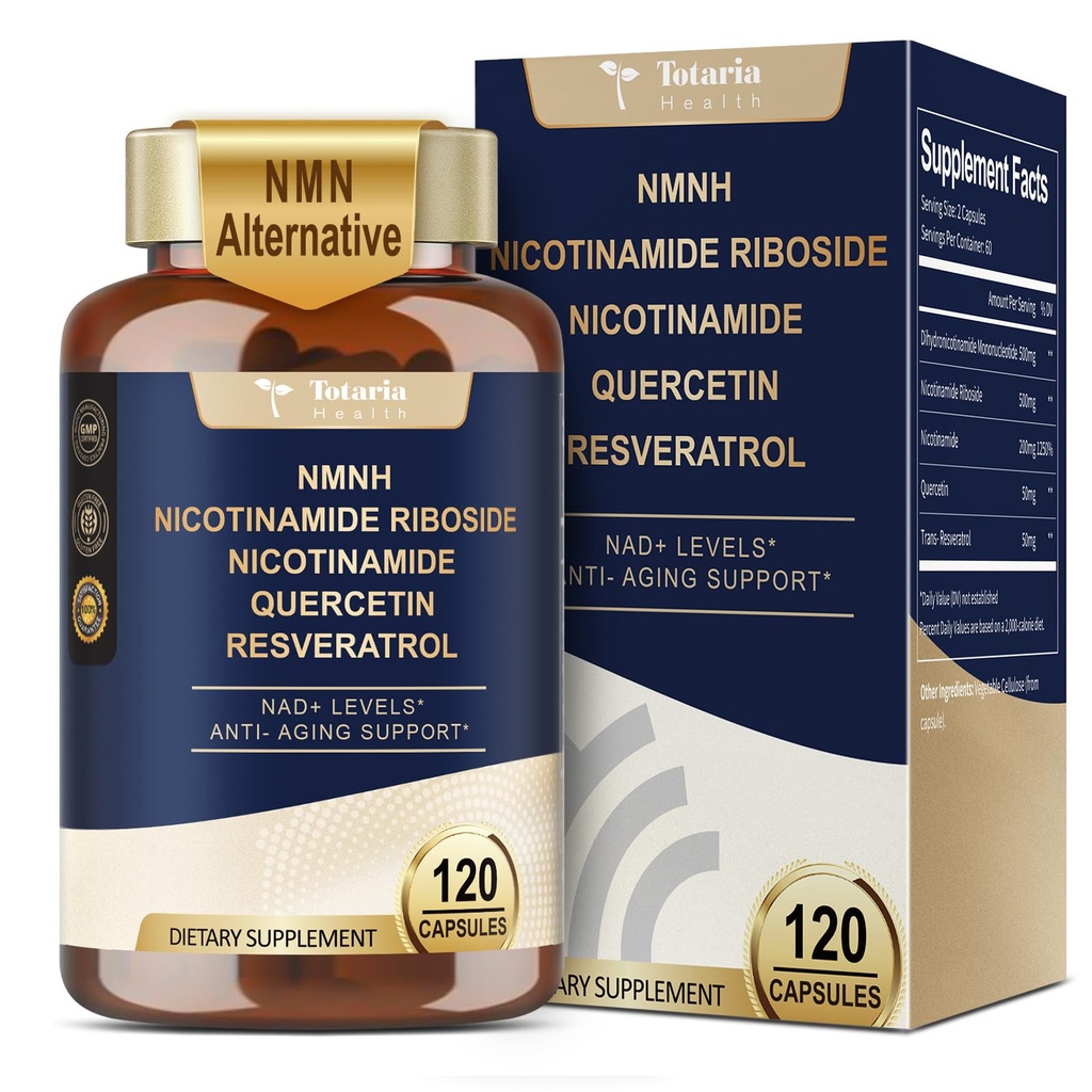 Totaria NMNH (Dihydronotinamid Mononucleotid), NMN Alternativt Supplement w/Niacinamid (Vitamin B3), Quercetin, Trans-Resveratrol, Støtte NAD+, Hudcellehelse*, Anti-Aging & Energi, 120 Caps