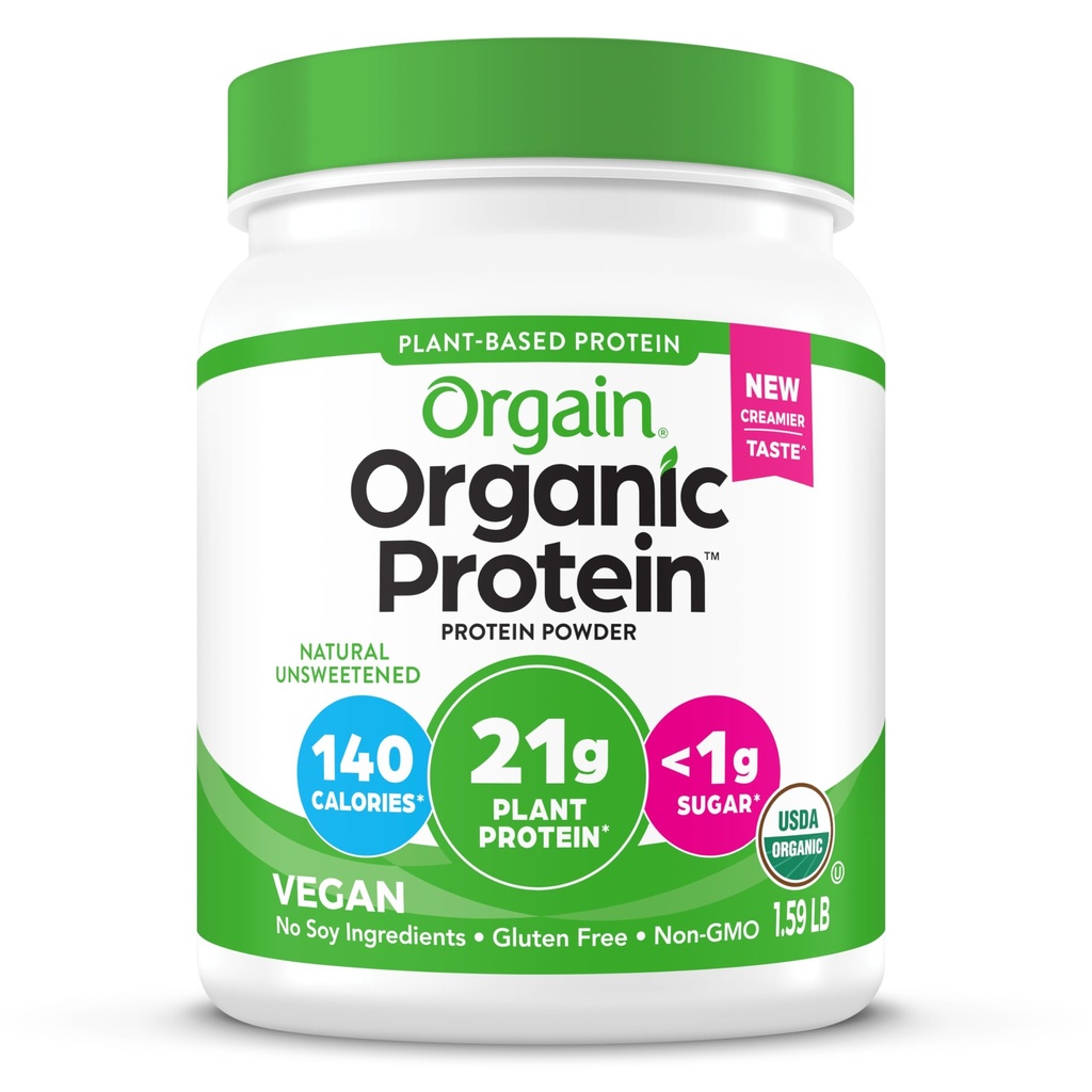 Orgain Organic Vegan Protein Powder, Natural Unsweeted - 21g Planteprotein, 4g Prebiotiske Fiber, Lavnett Kulhydrater, Ingen Laktose ingredienser, Ingen tilsatt sukker, Ikke-GMO, For rister og smoothies, 1,59 lb
