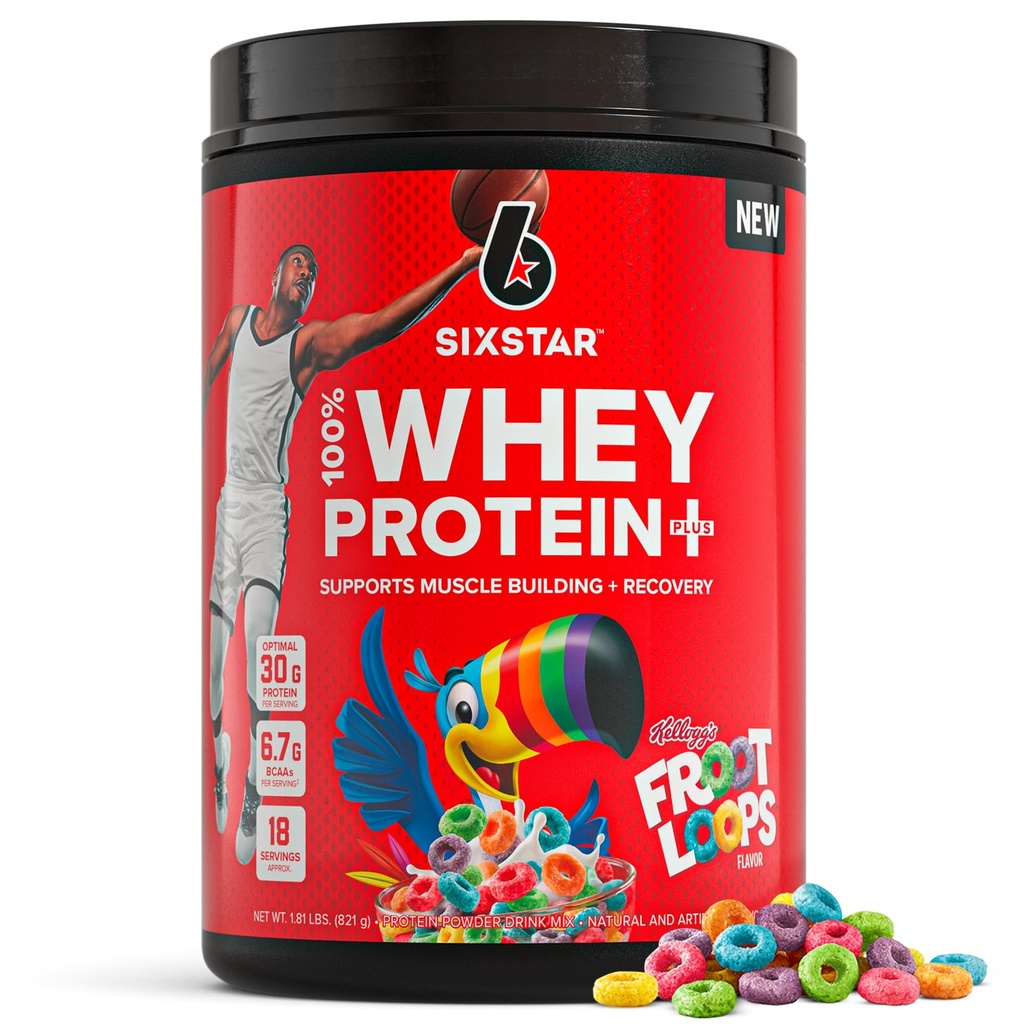 Seksstjerners Whey Protein Powder Plus - Muskelbygging og gjenoppretting formel med Whey Isolate pulver, BCAA, 30g protein, immunstøtte - post-Workout Supplement - Kelloggs Froot Loops Flavor, 1.8 lbs